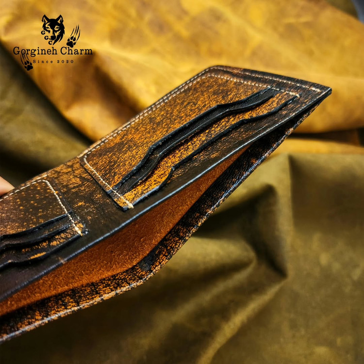 کیف پول جیبی چرم بوفالو عسلی مشکی